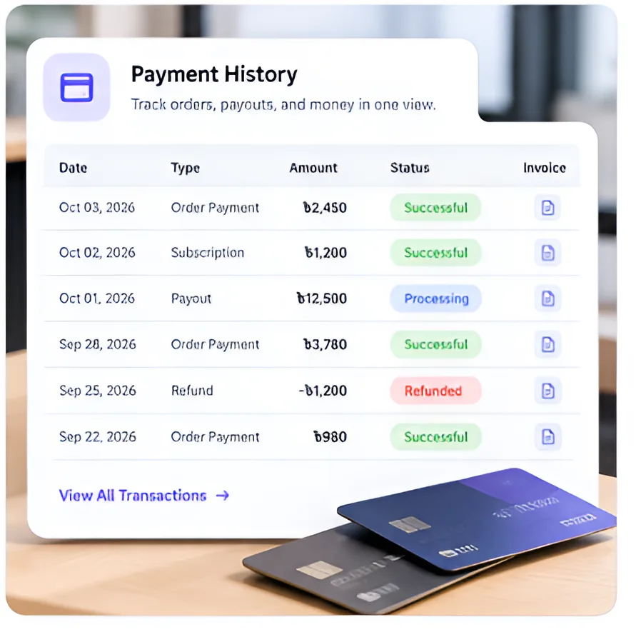 Payment history of orders, subscriptions, payouts, and refunds