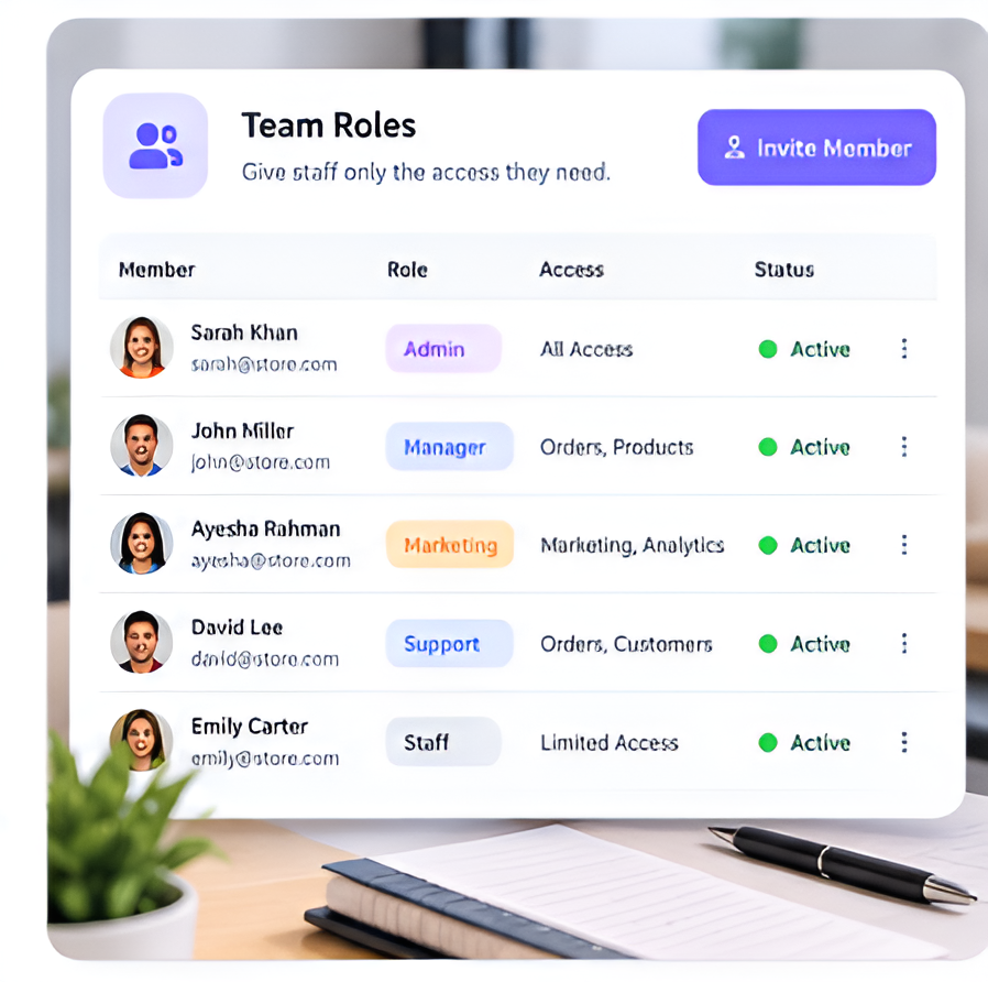 Team roles list with admin, manager, marketing, support, and staff access