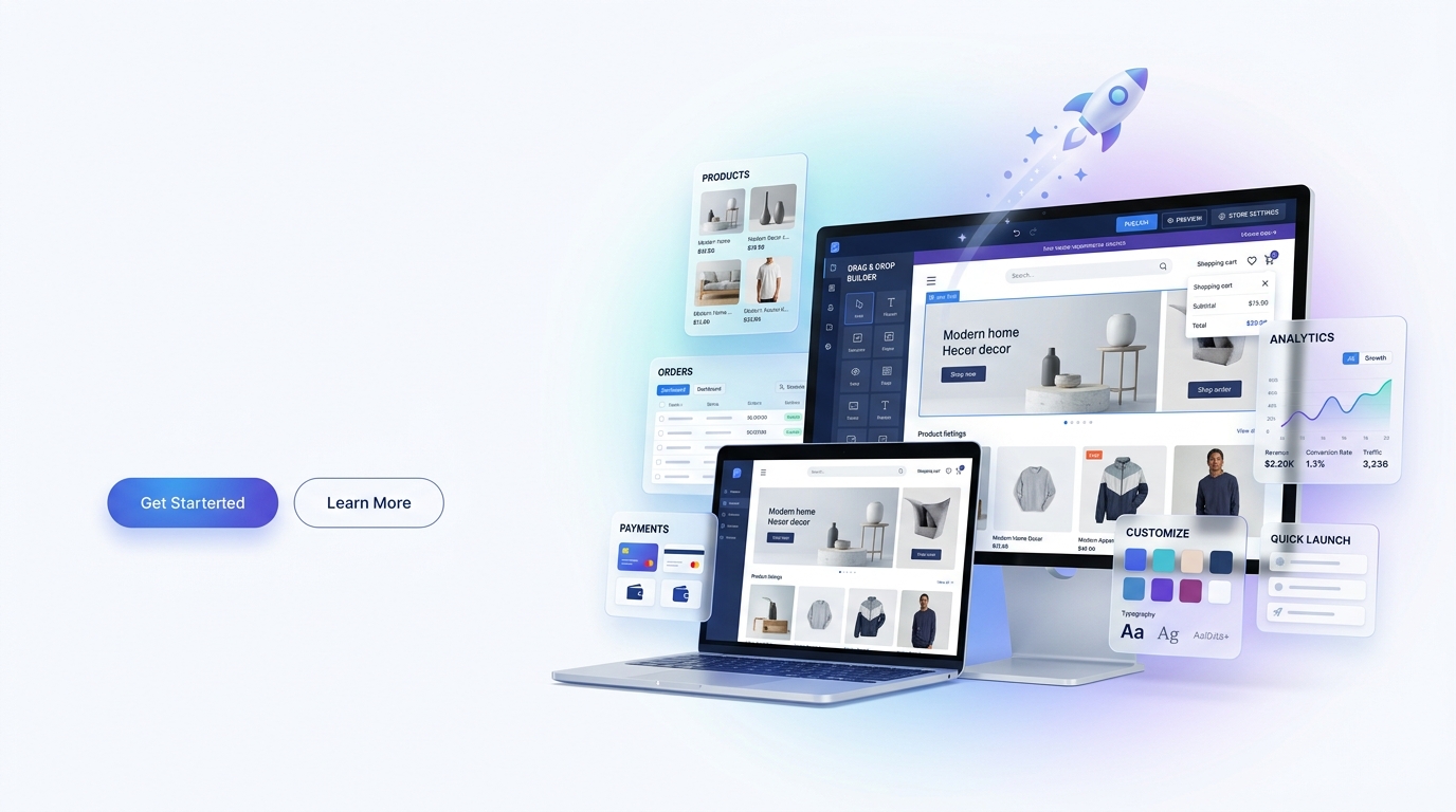 Store builder with products, orders, payments, and analytics
