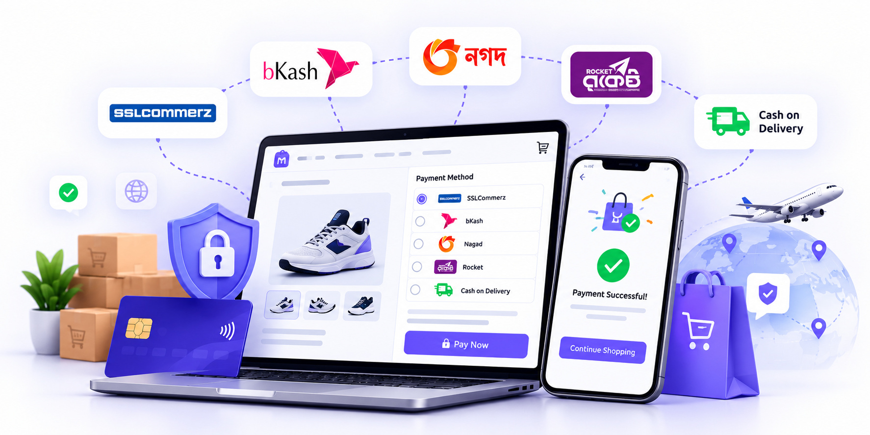 Checkout on laptop and phone with bKash, Nagad, Rocket, SSLCommerz, and cash on delivery