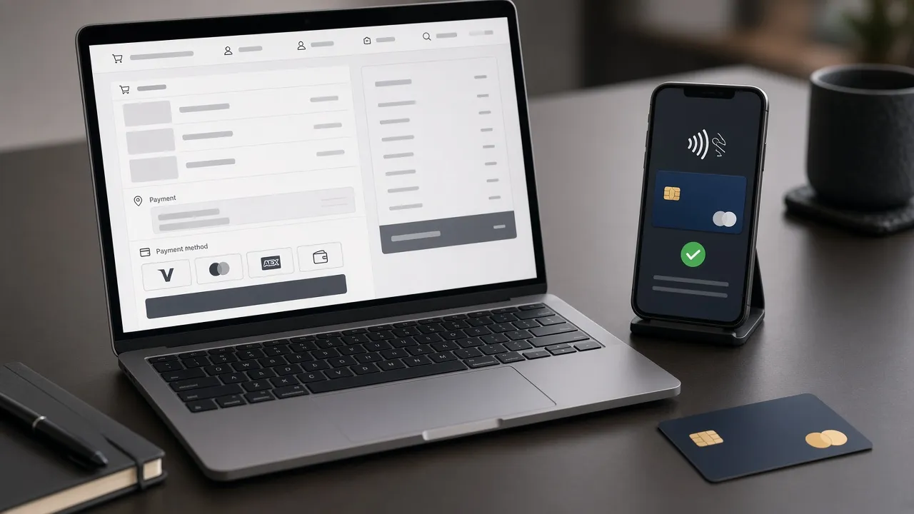 Laptop comparing online store checkout with bKash and card payment options for a Bangladeshi shop
