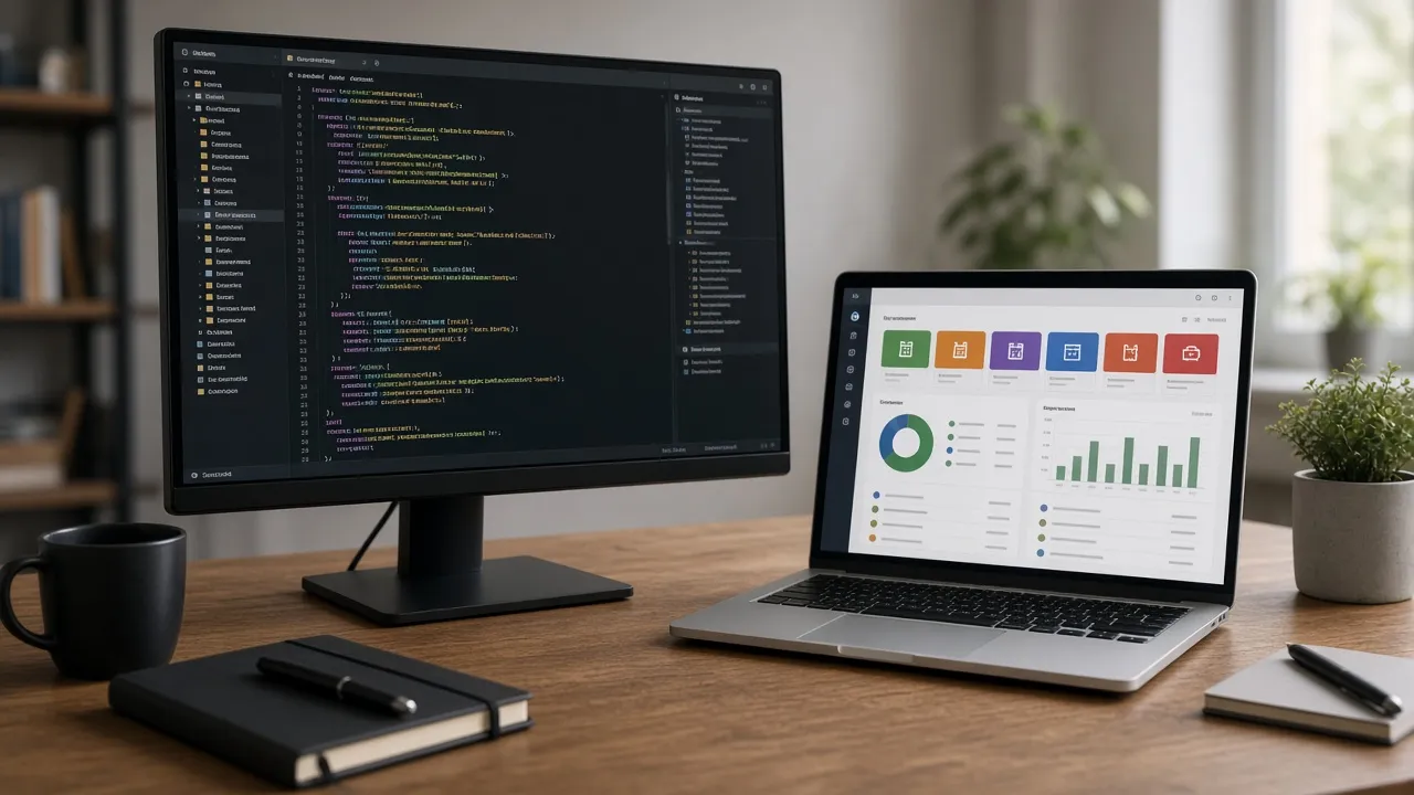 Developer workspace with code on one screen and a no-code store dashboard on another