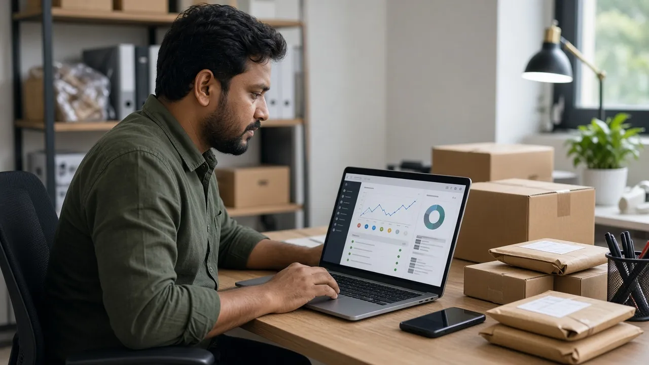 Shop owner in Bangladesh reviewing an online store dashboard with orders and courier bookings