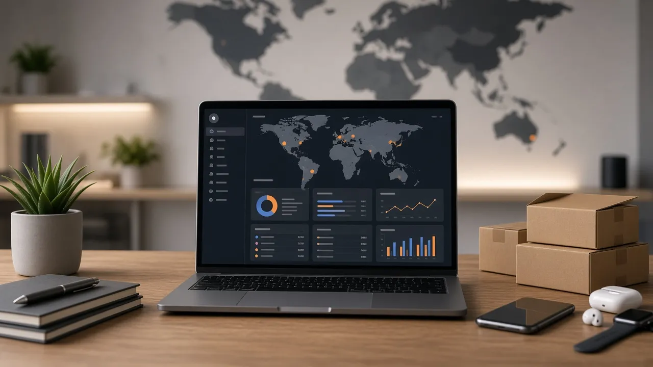Laptop showing a dropshipping dashboard with product imports and parcels ready for shipment