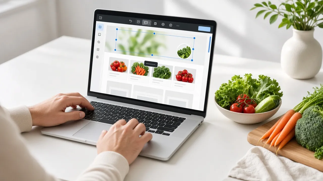 Person building a free ecommerce website with drag and drop blocks on a laptop