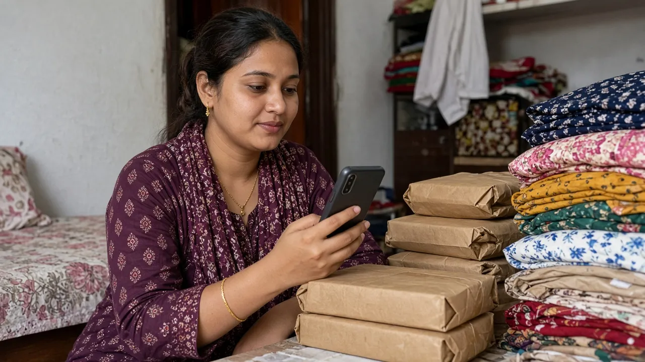 Bangladeshi seller taking Facebook orders on a phone with parcels ready for delivery