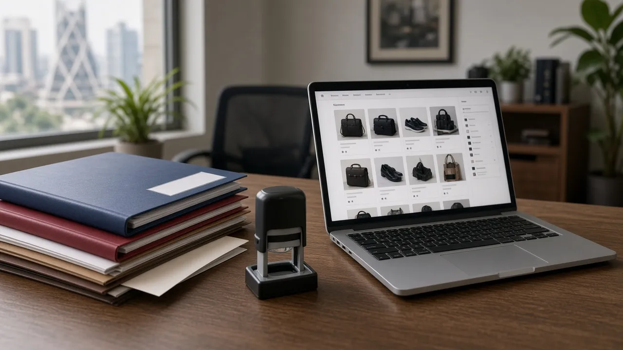 Business documents, a trade licence folder and a laptop showing an online store on a desk in Dhaka