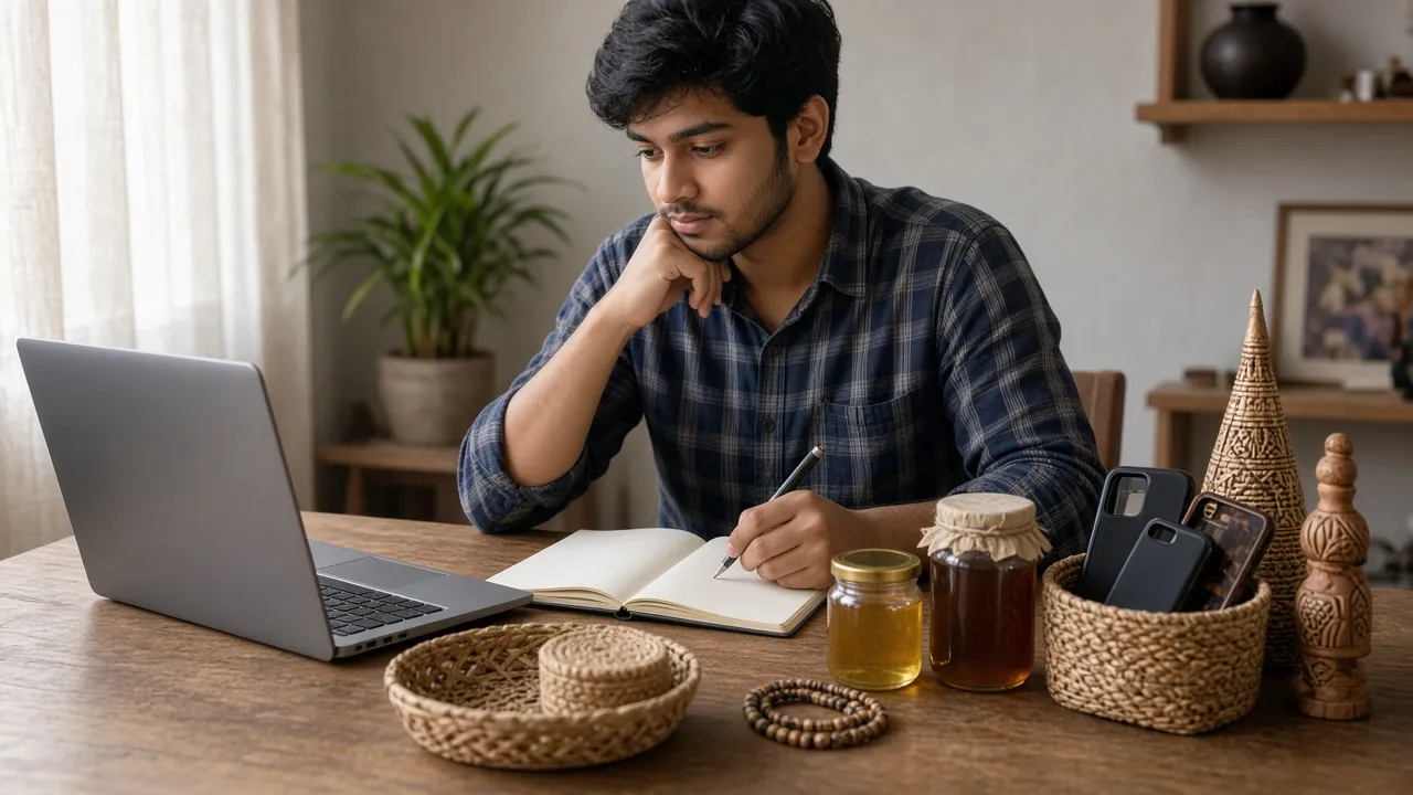 Young Bangladeshi entrepreneur planning low investment online business ideas with a laptop and notebook