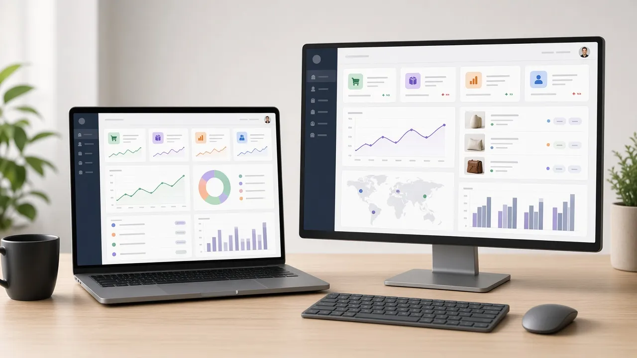 Two online store dashboards compared side by side on a laptop and a monitor