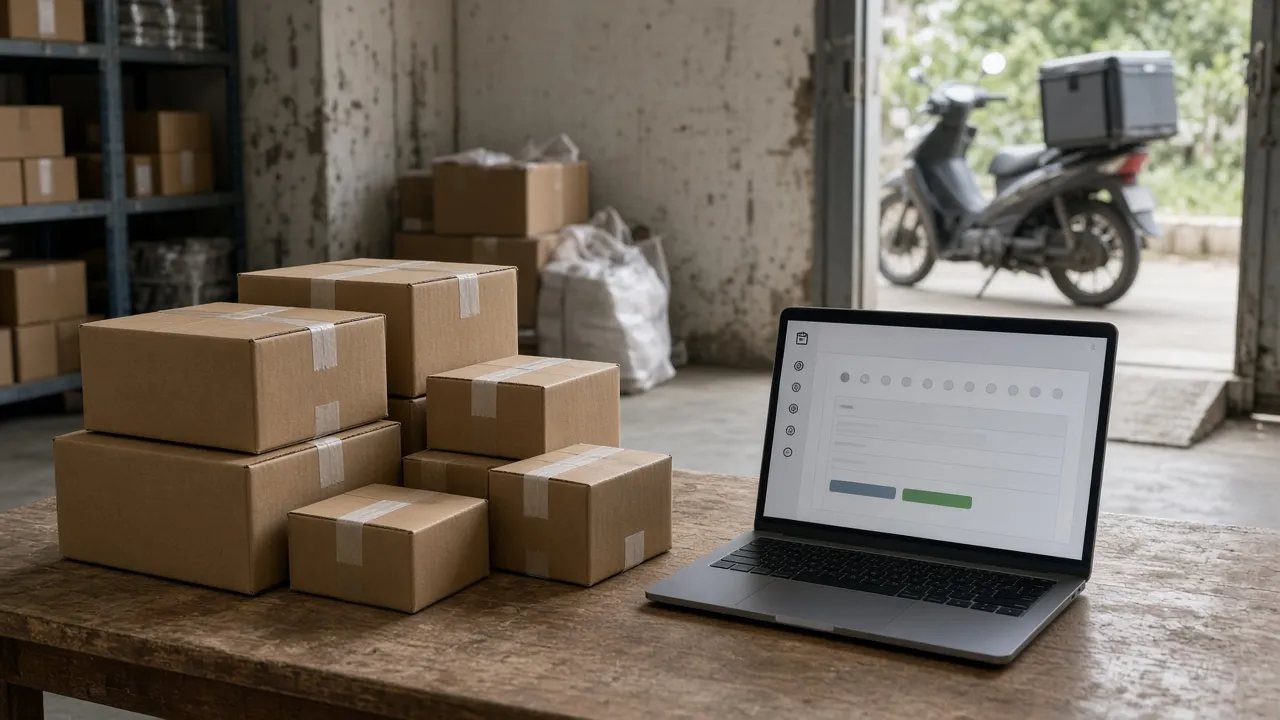 Parcels labelled for courier pickup next to a laptop showing an order booking screen