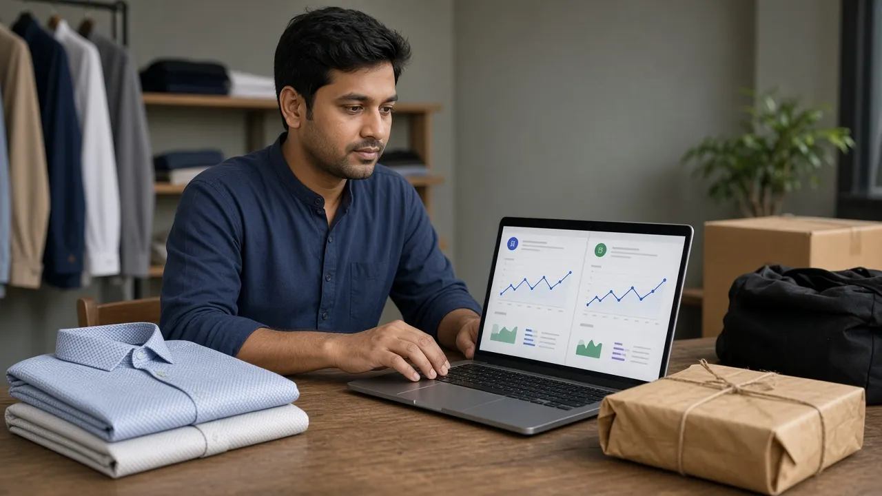 Seller managing marketplace orders and an own-brand online store from one laptop dashboard